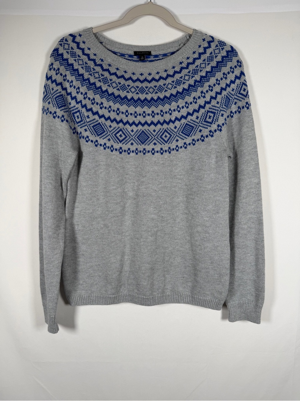 Talbots Women’s Light Gray Crewneck Sweater Blue Fair Isle Yoke Cozy, Granny